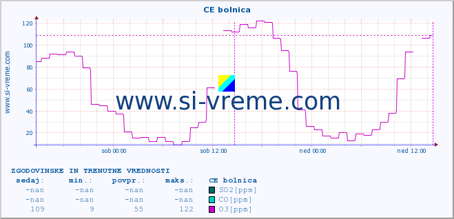 POVPREČJE :: CE bolnica :: SO2 | CO | O3 | NO2 :: zadnja dva dni / 5 minut.