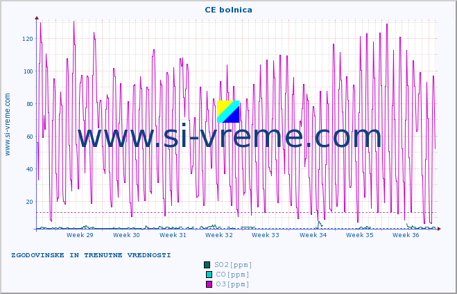 POVPREČJE :: CE bolnica :: SO2 | CO | O3 | NO2 :: zadnja dva meseca / 2 uri.