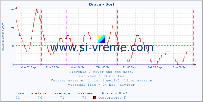  :: Drava - Borl :: temperature | flow | height :: last week / 30 minutes.