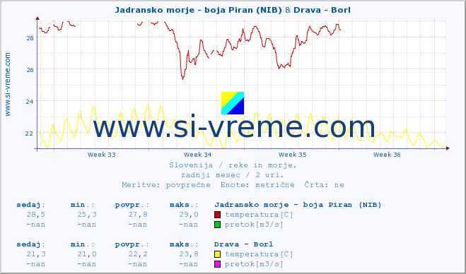 POVPREČJE :: Jadransko morje - boja Piran (NIB) & Drava - Borl :: temperatura | pretok | višina :: zadnji mesec / 2 uri.