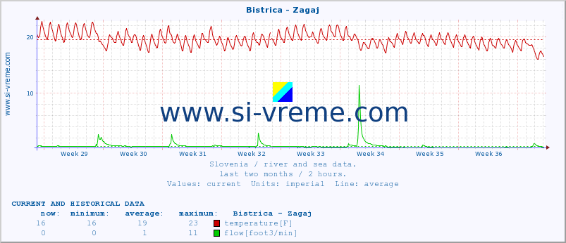  :: Bistrica - Zagaj :: temperature | flow | height :: last two months / 2 hours.