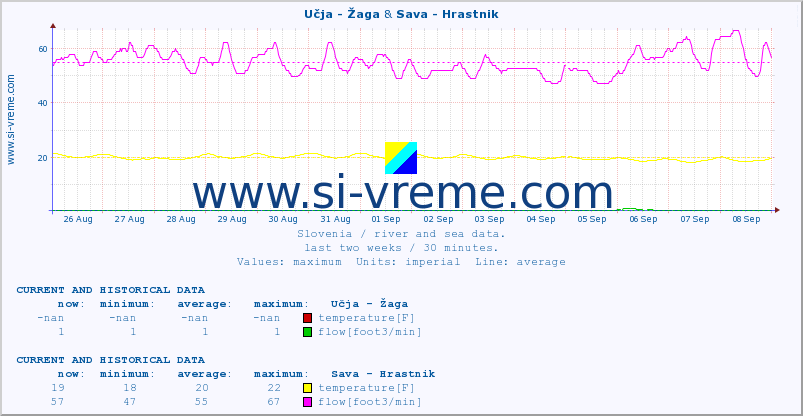  :: Učja - Žaga & Sava - Hrastnik :: temperature | flow | height :: last two weeks / 30 minutes.