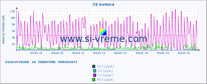 POVPREČJE :: CE bolnica :: SO2 | CO | O3 | NO2 :: zadnja dva meseca / 2 uri.